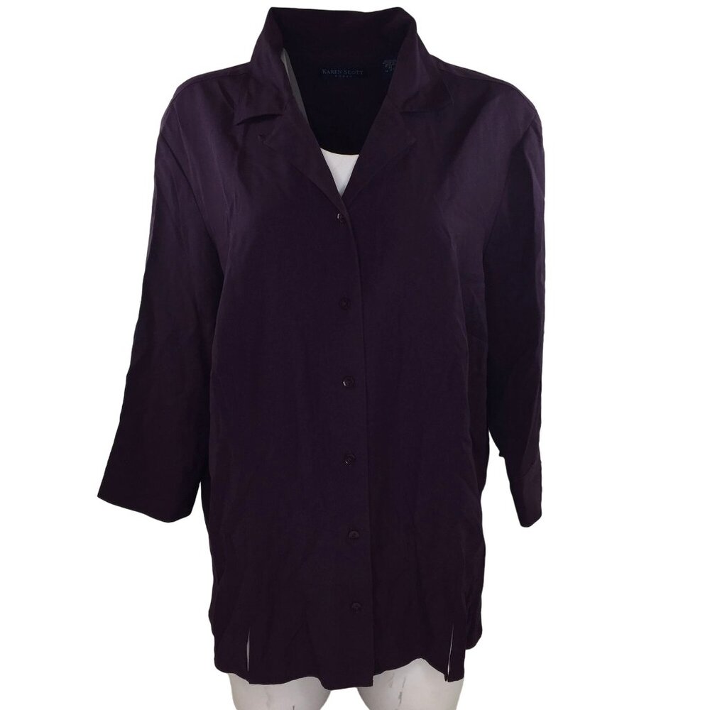 Karen Scott Woman Purple Button Up Collar Blouse Top Office Work Church Size XL